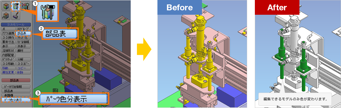 ①3次元ツール → ②部品表 → ③パーツ色分表示 → GO（右クリック）で仕様変更できるモデルが色分け表示される